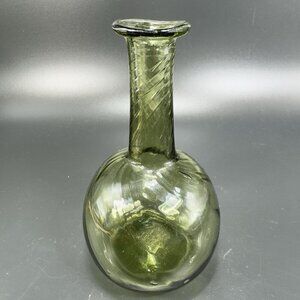 Green Hand Blown Art Glass Vase Bottle With Optic Swirl Hand Made Glassware VTG